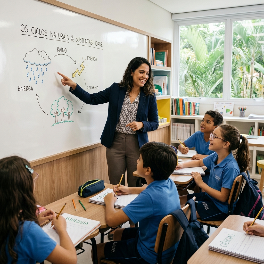 Professora orientando alunos no Colégio Anglo Águas